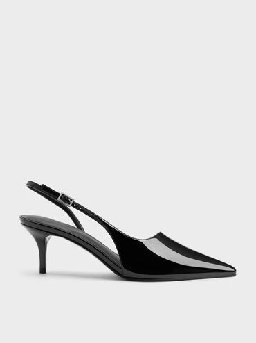 Patent Stiletto-Heel Pointed-Toe Slingback Pumps, Black Patent, hi-res