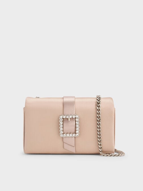 Satin Crystal-Buckle Belted Chain-Handle Bag, Sunset Nude, hi-res