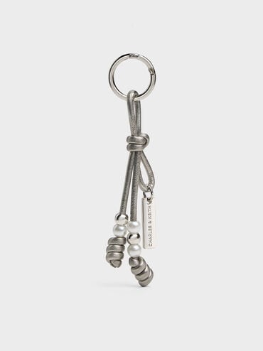 Beaded Metallic Cord Knot Charm, Pewter, hi-res