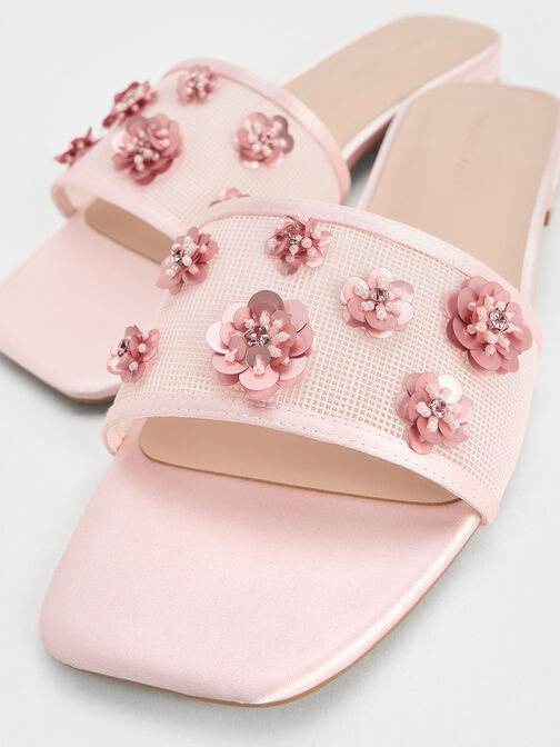 Mesh & Satin Sequin-Flower Slide Sandals, Pink, hi-res