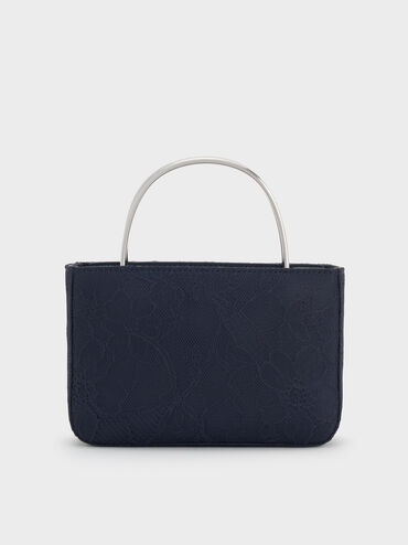 Jennis Lace & Satin Top Handle Bag, Dark Blue Textured, hi-res