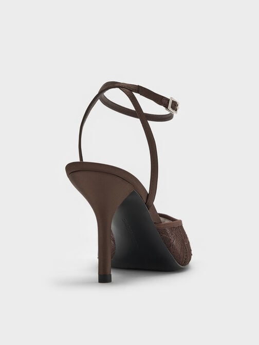 حذاء بكعب عالٍ من الدانتيل والساتان بمقدمة مفتوحة, بني محبّب غامق, hi-res