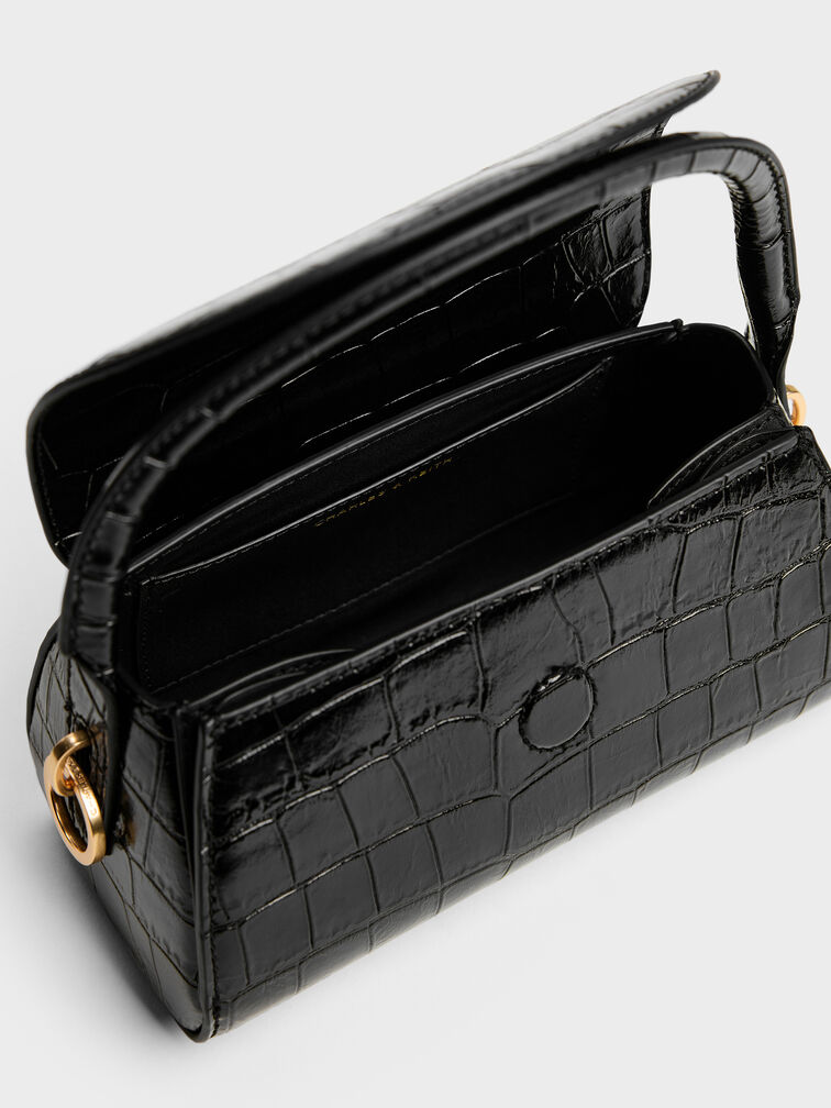 حقيبة كايلا بمقبض علوي وغطاء أمامي أنيق بتصميم على شكل جلد التمساح, أسود كروكو, hi-res