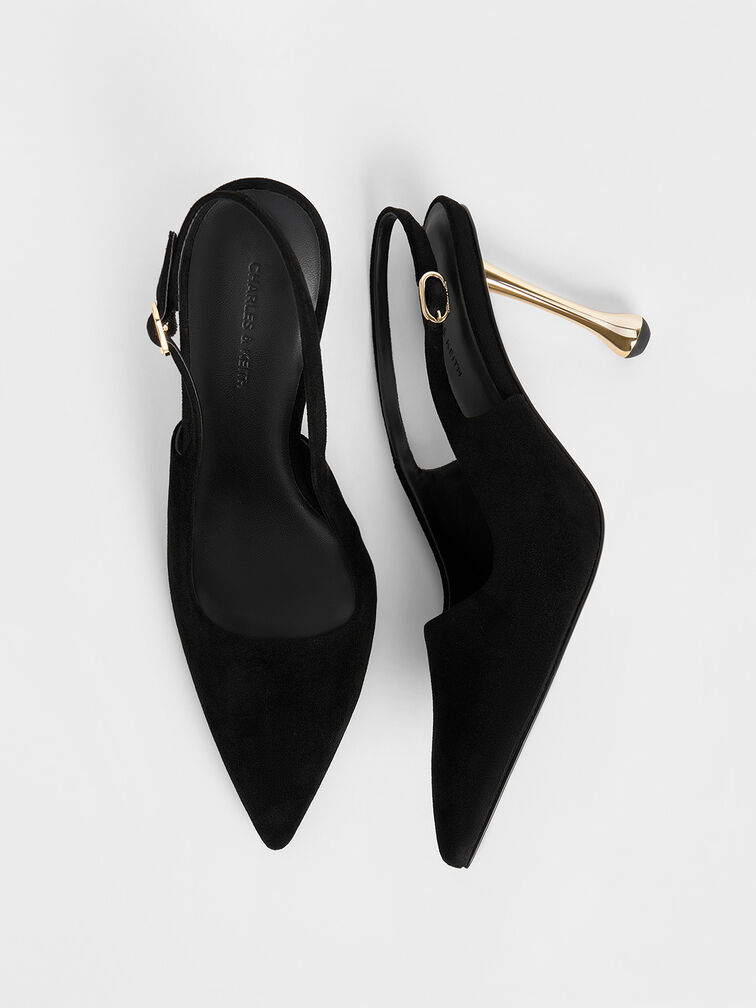 Faux Suede Sculptural-Heel Pointed-Toe Pumps, Black Textured, hi-res