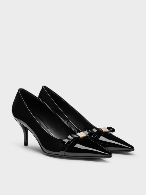 حذاء دوريان بكعب رفيع  بفيونكة ومقدمة مدببة من الجلد اللامع, أسود براق, hi-res