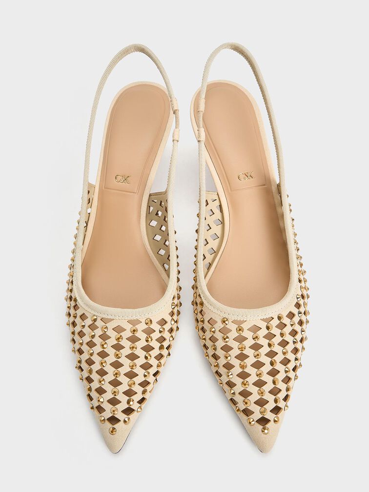 حذاء مرصع بمقدمة مدببة وكعب كيتن وتصميم سلينجباك مكشوف الظهر مزين بفتحات, كريم, hi-res