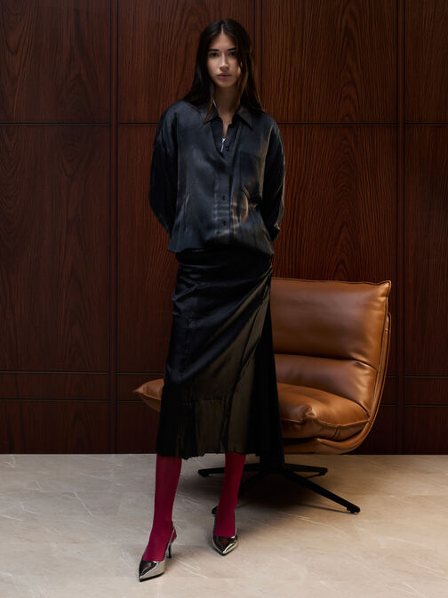 Kaia Metallic Pointed-Toe Slingback Pumps, Pewter, hi-res