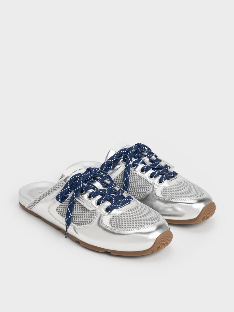 حذاء رياضي بتصميم سهل الارتداء من الدانتيل بتصميم شبكي بلون معدني مزخرف بأربطة منقوشة, فضي, hi-res