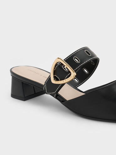 صندل مولز بكعب عالٍ سيفي بإبزيم بلمسة معدنية ومقدمة مدببة, أسود, hi-res