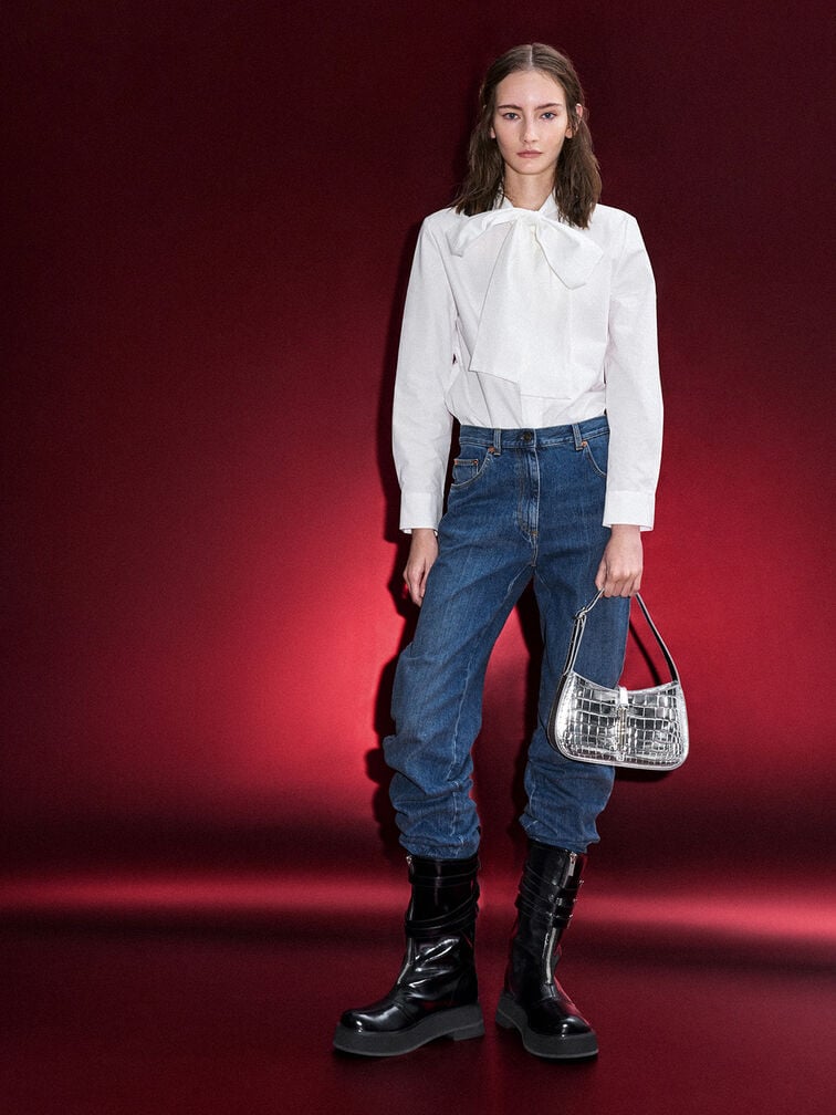 حقيبة كتف سيزيا بنقشة جلد التمساح ولمسات معدنية لامعة, فضي, hi-res