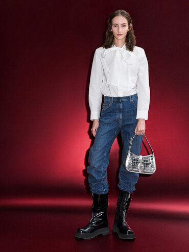 حقيبة كتف سيزيا بنقشة جلد التمساح ولمسات معدنية لامعة, فضي, hi-res