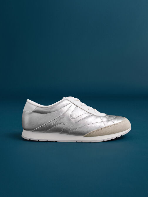 حذاء رياضي للبنات برقبة منخفضة مصنوع من الجلد السويدي الصناعي لون معدني, فضي, hi-res