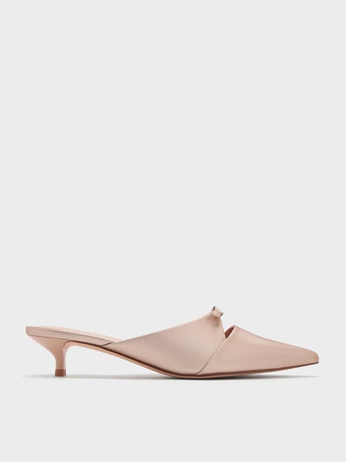 Crystal-Buckle Pointed-Toe Kitten-Heel Mules, Nude, hi-res