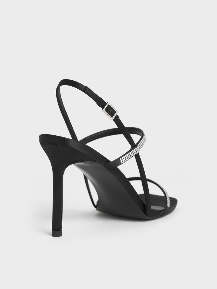 Arona Satin Crystal-Embellished Stiletto-Heel Sandals, Black Textured, hi-res