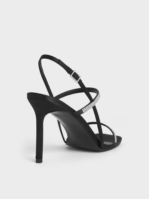 Arona Satin Crystal-Embellished Stiletto-Heel Sandals, Black Textured, hi-res