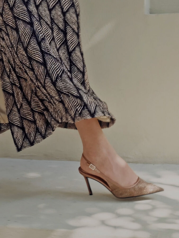 Glittered Mesh Pointed Slingback Pumps, Brown, hi-res