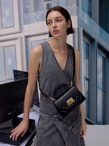 Alva Quilted Top Handle Bag, Black, hi-res