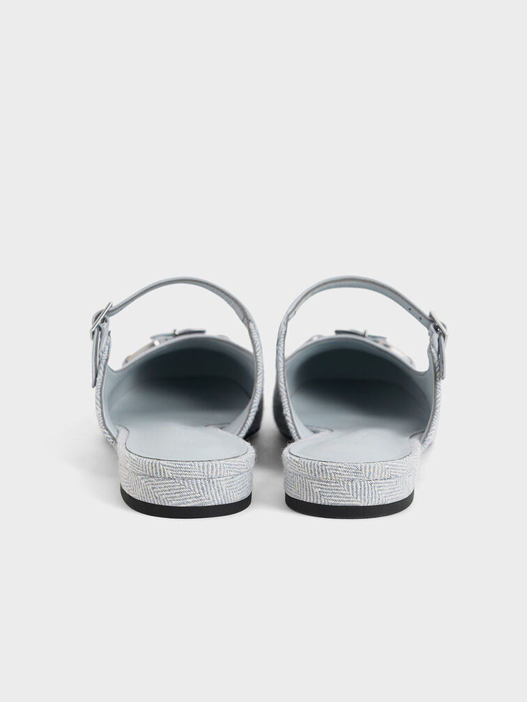 Woven Fabric Metallic-Accent Flat Mules, Light Blue, hi-res