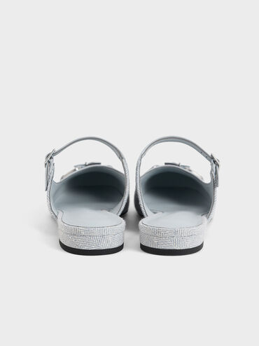 Woven Fabric Metallic-Accent Flat Mules, Light Blue, hi-res