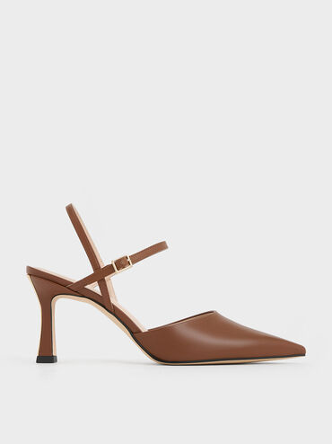 Pointed-Toe Flared Heel Pumps, Cognac, hi-res