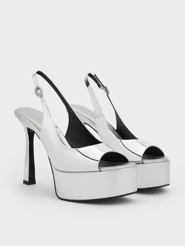 Metallic Peep-Toe Stiletto-Heel Platform Sandals, Silver, hi-res