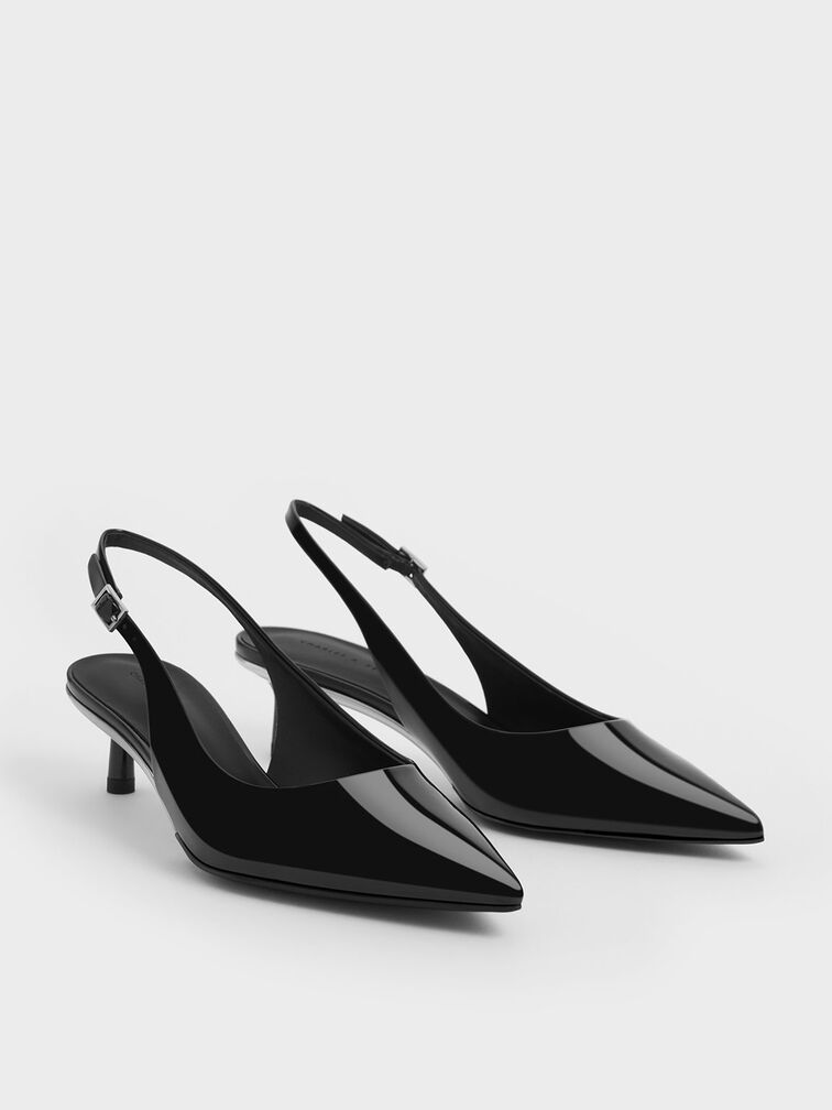 Curtis Patent Pointed-Toe Kitten-Heel Slingback Pumps, Black Patent, hi-res