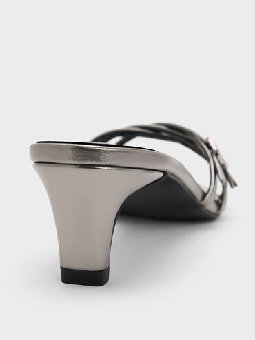 Metallic Buckled Strappy Kitten-Heel Mules, Pewter, hi-res