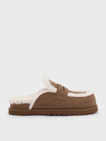 Recycled-Fur Flatform Mules, Brown, hi-res