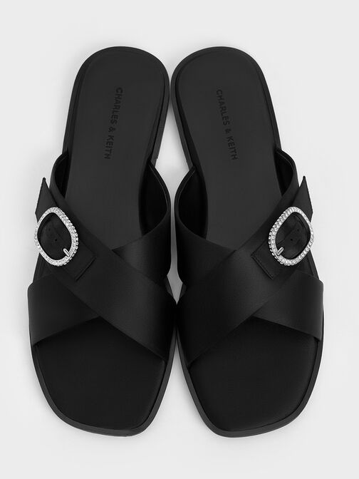 صندل بحزام متقاطع من بوليستر معاد تدويره مزين بإبزيم كريستالي, أسود خشن, hi-res