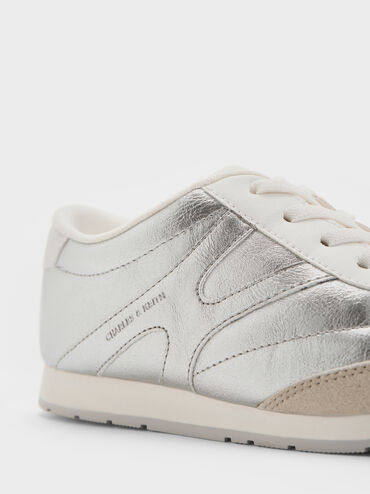 حذاء رياضي للبنات برقبة منخفضة مصنوع من الجلد السويدي الصناعي لون معدني, فضي, hi-res