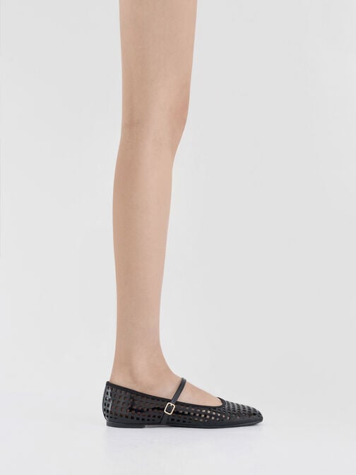 Patent Perforated Mary Jane Flats, Black Patent, hi-res