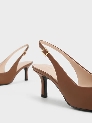 حذاء ليزلي بكعب عالٍ وتصميم سلينجباك مفتوح الظهر مزين بحلية معدنية, كونياكي, hi-res