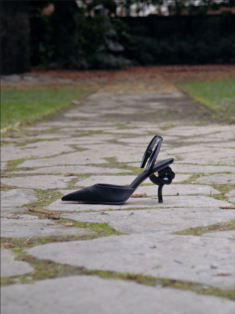 حذاء بكعب مدبب مزين بالزهور وحزام للكاحل, أسود خشن, hi-res