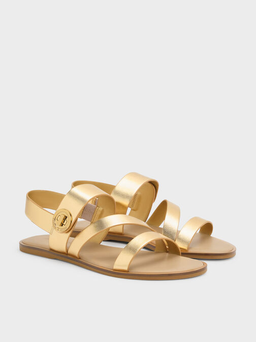 Yara Metallic Turn Lock Strappy Sandals, Gold, hi-res