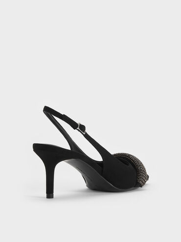Faux Suede Crystal-Embellished Pointed-Toe Slingback Pumps, Black Textured, hi-res