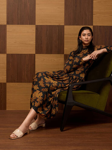 حذاء ميول بكعب مربع ومظهر معدني مصنوع من خامة شبكية ومزين بالترتر, ذهبي, hi-res