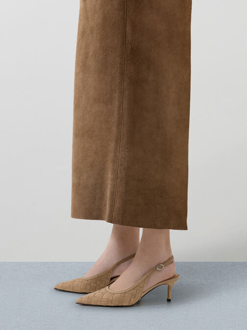 Ivette Faux Suede Woven Pointed-Toe Slingback Pumps, Sand, hi-res