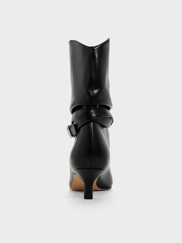 Karter Pointed-Toe Ruched Buckled Kitten-Heel Boots, Black, hi-res
