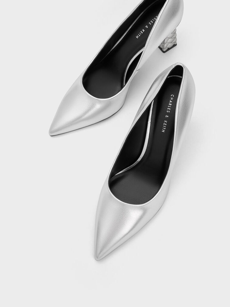 Metallic Quilted Heel Pointed-Toe Pumps, Silver, hi-res