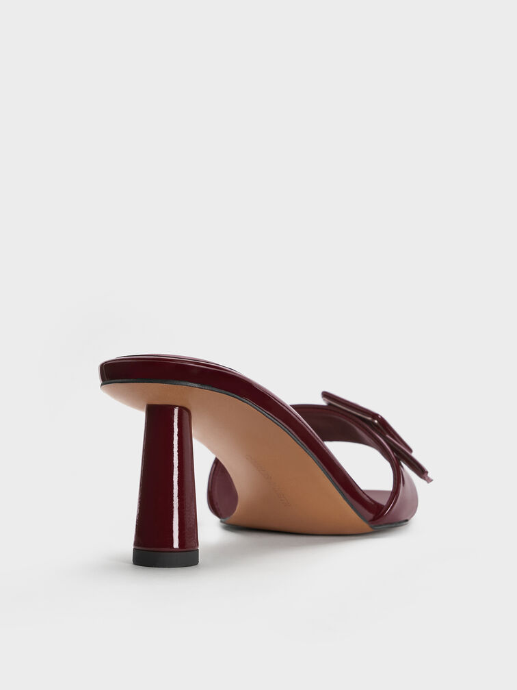 Patent Buckle-Strap Heeled Mules, Burgundy, hi-res