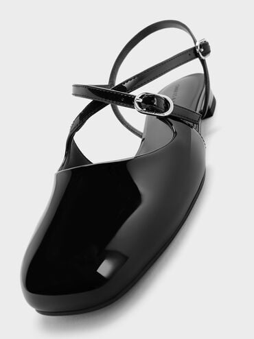 Patent Crossover Buckled Slingback Flats, Black Patent, hi-res