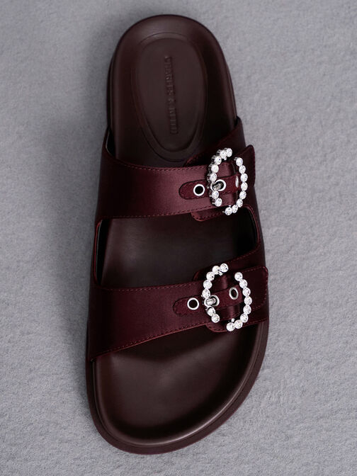 Recycled Polyester Embellished Buckle Sandals, Burgundy, hi-res