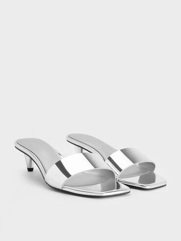 Metallic Cone-Heel Mules, Silver, hi-res