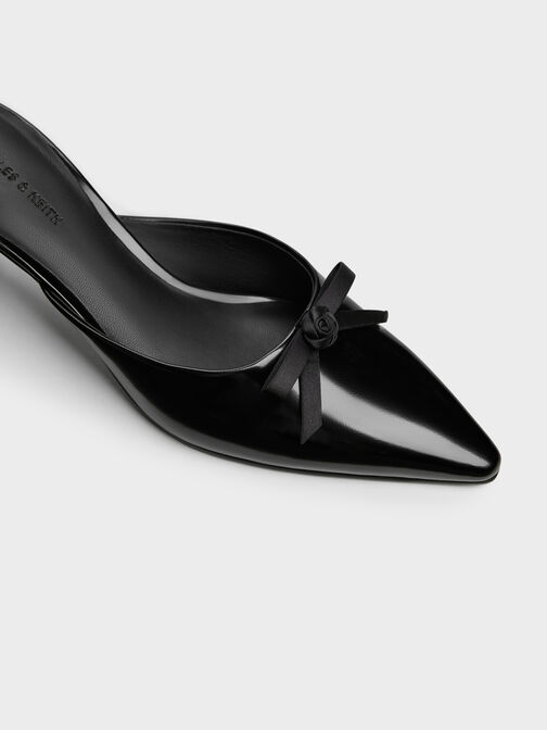 Rose-Bow Pointed Heeled Mules, Black Boxed, hi-res
