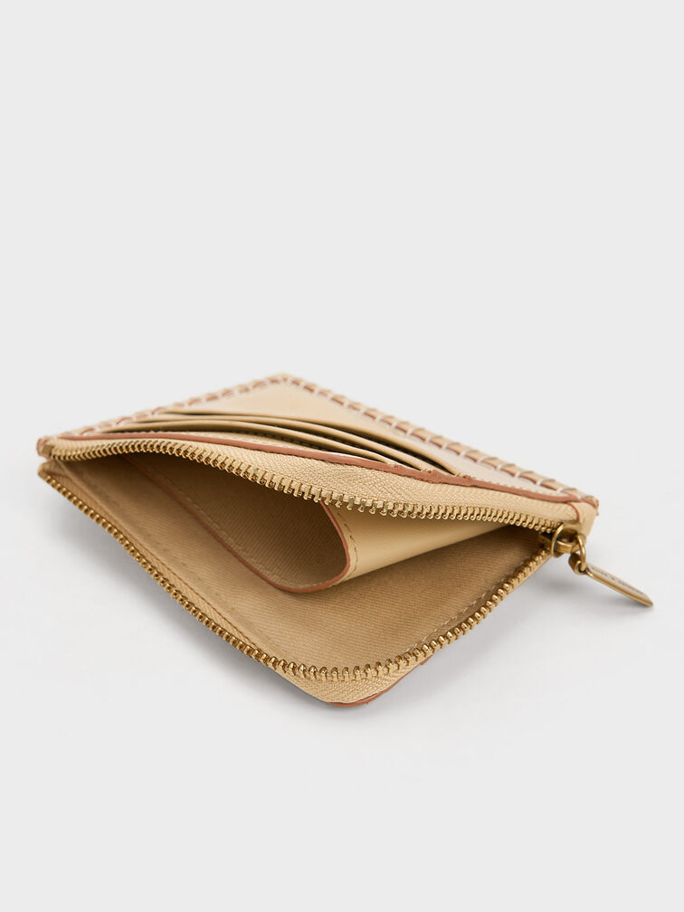 Circe Stitch-Trim Zip Around Card Holder, Beige, hi-res