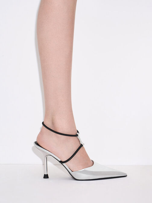Metallic T-Strap Pointed-Toe Pumps, Silver, hi-res