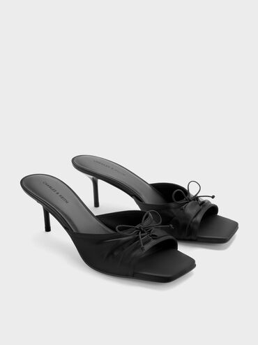 Sadira Satin Ruched Bow Heeled Mules, Black Textured, hi-res