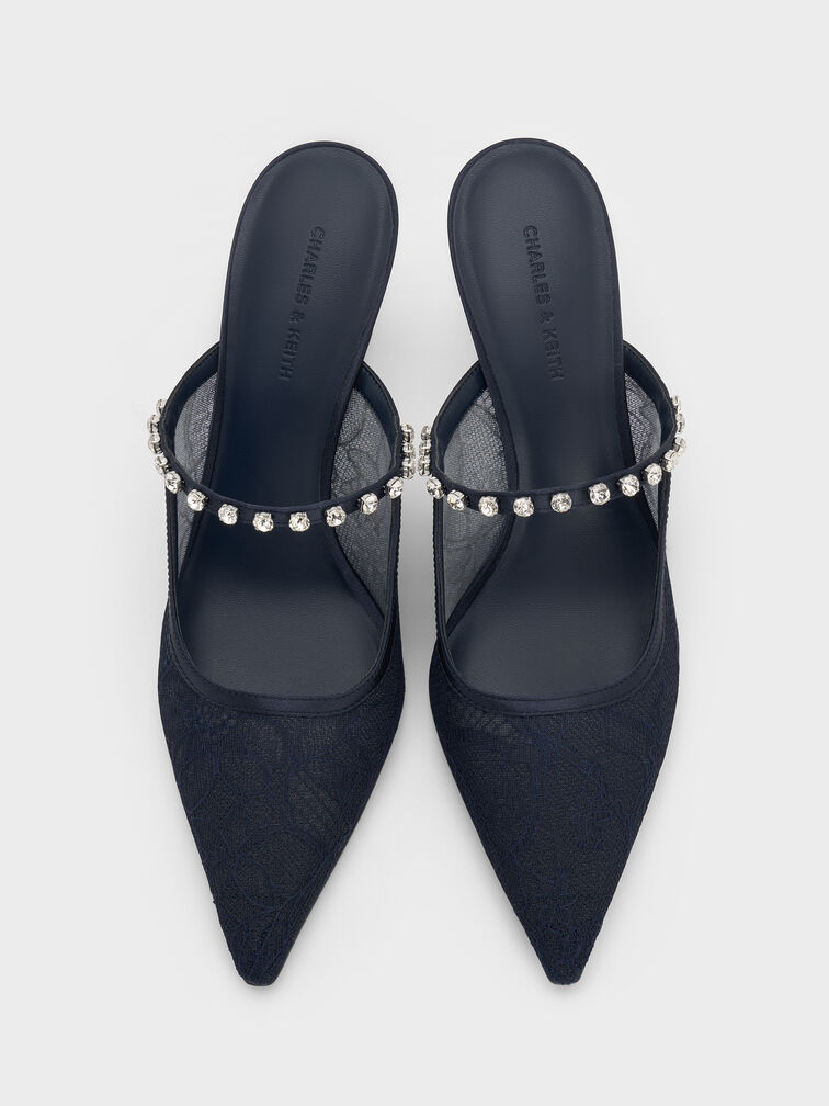 حذاء بكعب مرتفع مفتوح من الخلف (مولز) من الدانتيل والساتان  مطعم بالكريستال, أزرق داكن, hi-res