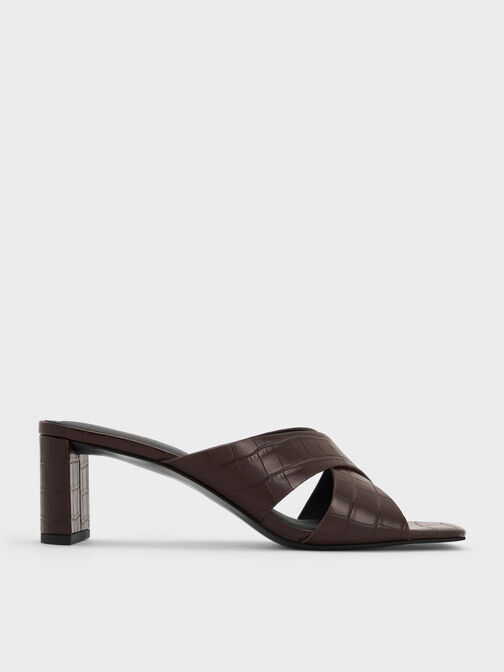 Georgina Croc-Effect Crossover-Strap Blade-Heel Mules, Animal Print Brown, hi-res