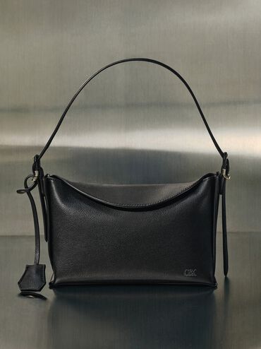 Leather Top-Flap Hobo Bag, Black, hi-res